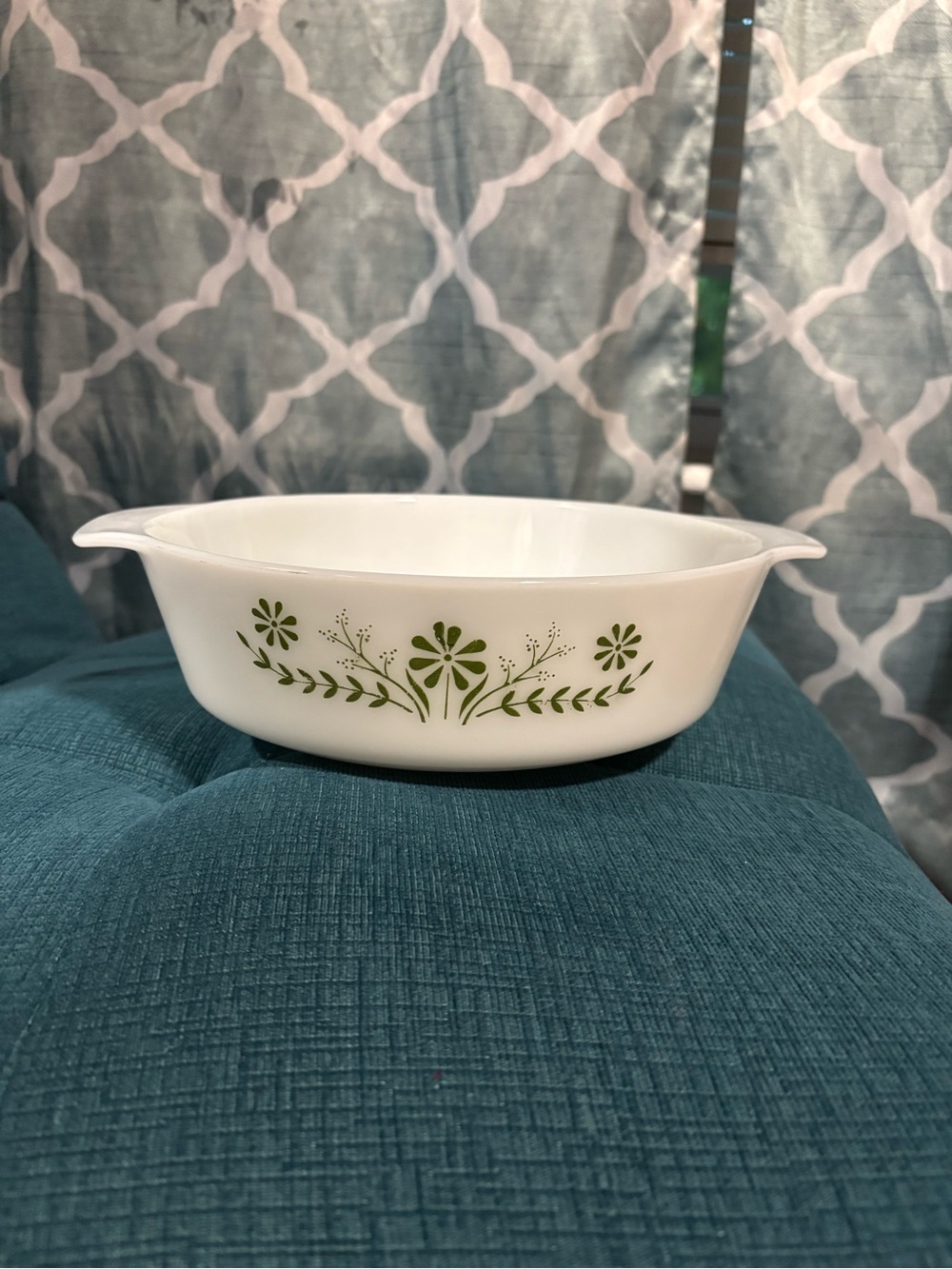 White Glass Bakeware Dish with Olive Green Floral Pattern